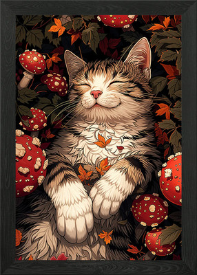 Gerahmtes Wandbild Poster Leinwandbild Bild schläft im Herbstlaub Katze