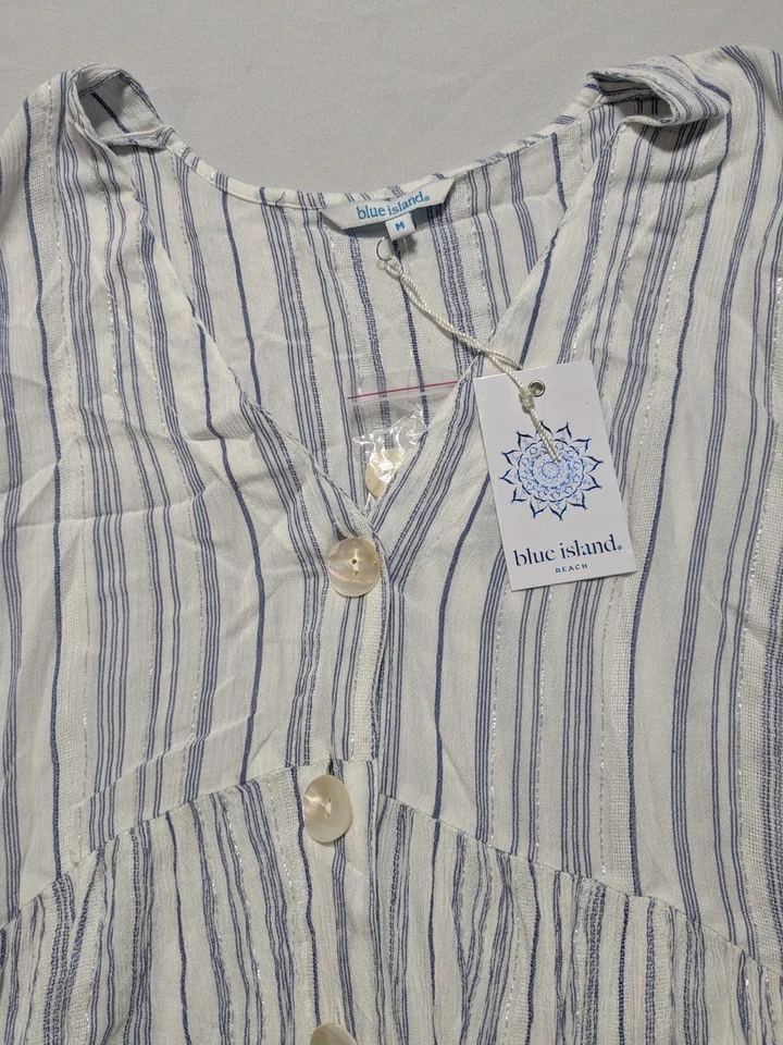 Cobertura de praia Blue Island - Feminina média rayon branca + azul prata metálica NOVA - Imagem 3 de 4