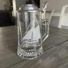Vintage Sailboat Beer Stein Pewter Lid Columbia 1901 Nautical Glass Tankard Mug