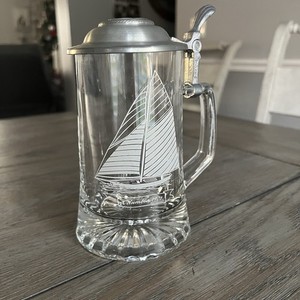 Vintage Sailboat Beer Stein Pewter Lid Columbia 1901 Nautical Glass Tankard Mug