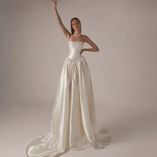 Vintage Ivory Italian Strapless Wedding Dress with Shiny Satin Aline Bridal Gown