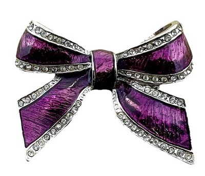 Festive Christmas BOW Ribbon Brooch Pin - Purple Enamel & Rhinestones