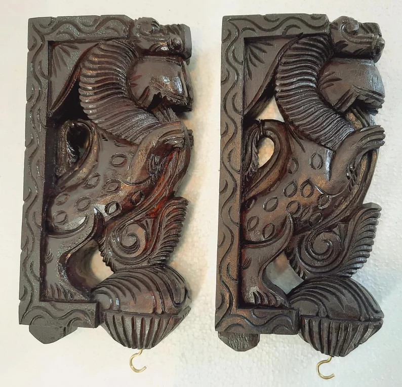 Set Of 2 wood Yali corbel Dragon Statue Wall Bracket Corbel Guardian wall Door
