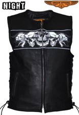 Premium Men's Black Leather Motorcycle Concealed Reflective Skulls Waistcoat