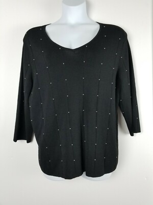 Hampshire Studio Pullover Top Black & Faux Pearls Plus 2x  Scoop Neck 3/4 sleeve