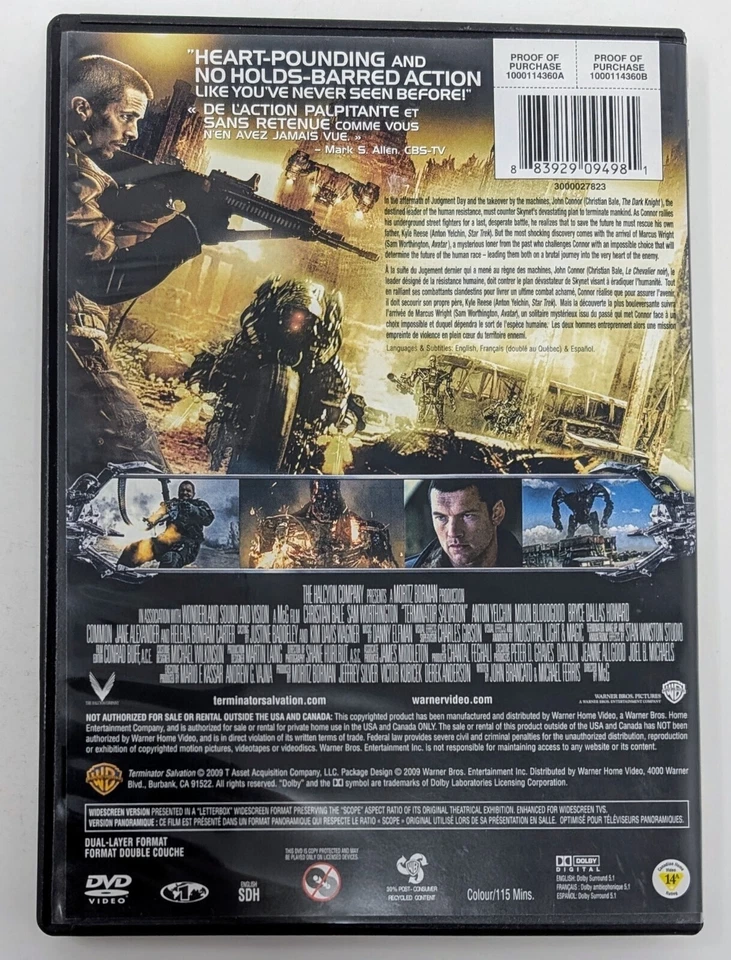 Terminator Salvation DVD (2009) - Region 1 - FR/EN/ES - VG+ (Tested) - Image 3 of 4