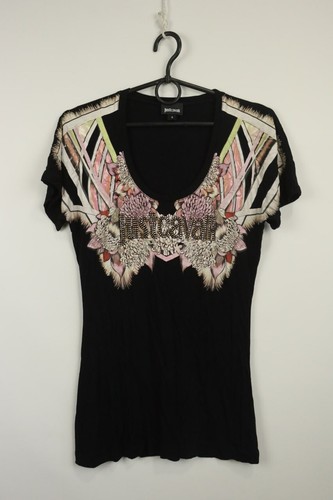 JUST CAVALLI Black Short SLeeveStretch Pattern Logo Tinic Shirt Top Size S