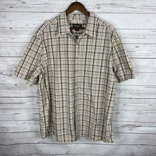 Eddie Bauer Mens Button Up Shirt Size XXL Tan Orange White Plaid Short Sleeve
