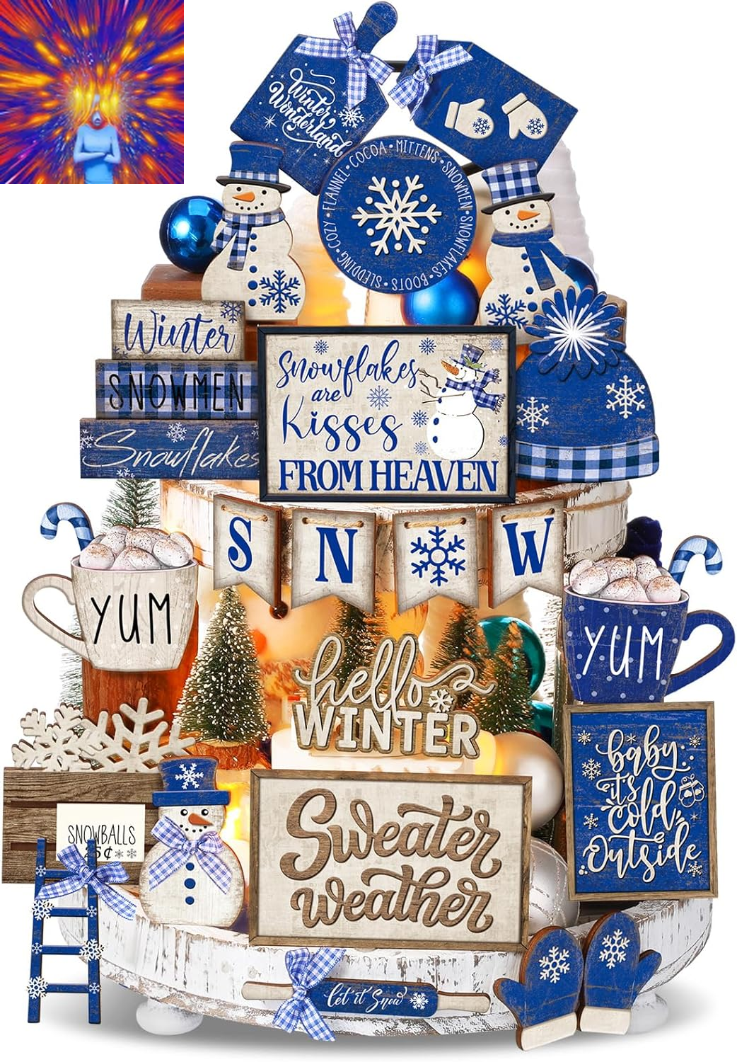 23 Pcs Christmas Winter Tiered Tray Decor Snowman Farmhouse Decor Blue Christmas