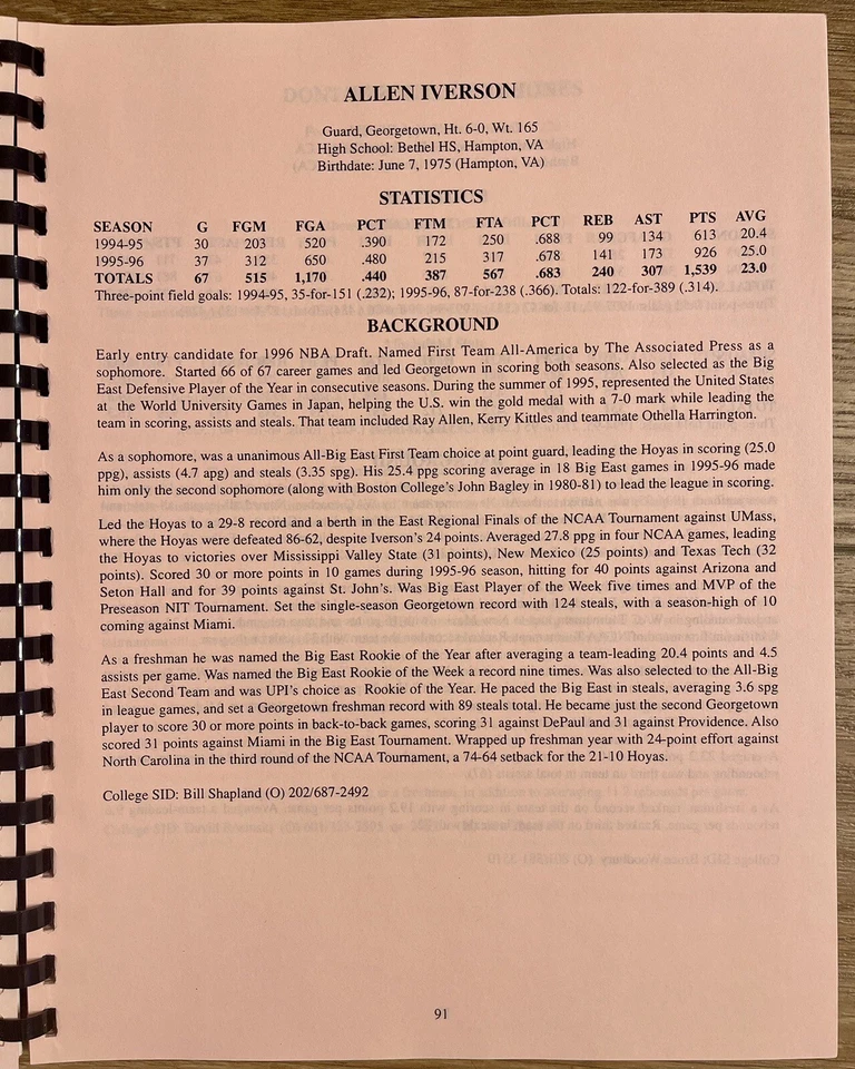 NBA DRAFT 76ERS 1996 GUÍA DE MEDIOS/INFORME DE EXPLORACIÓN/KOBE BRYANT-ALLEN IVERSON 171 pg Foto 4 de 4
