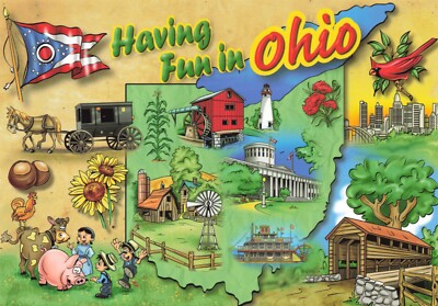 Postcard OH State Map Illustrated Buckeye State Cardinal Horse-Drawn Carriage