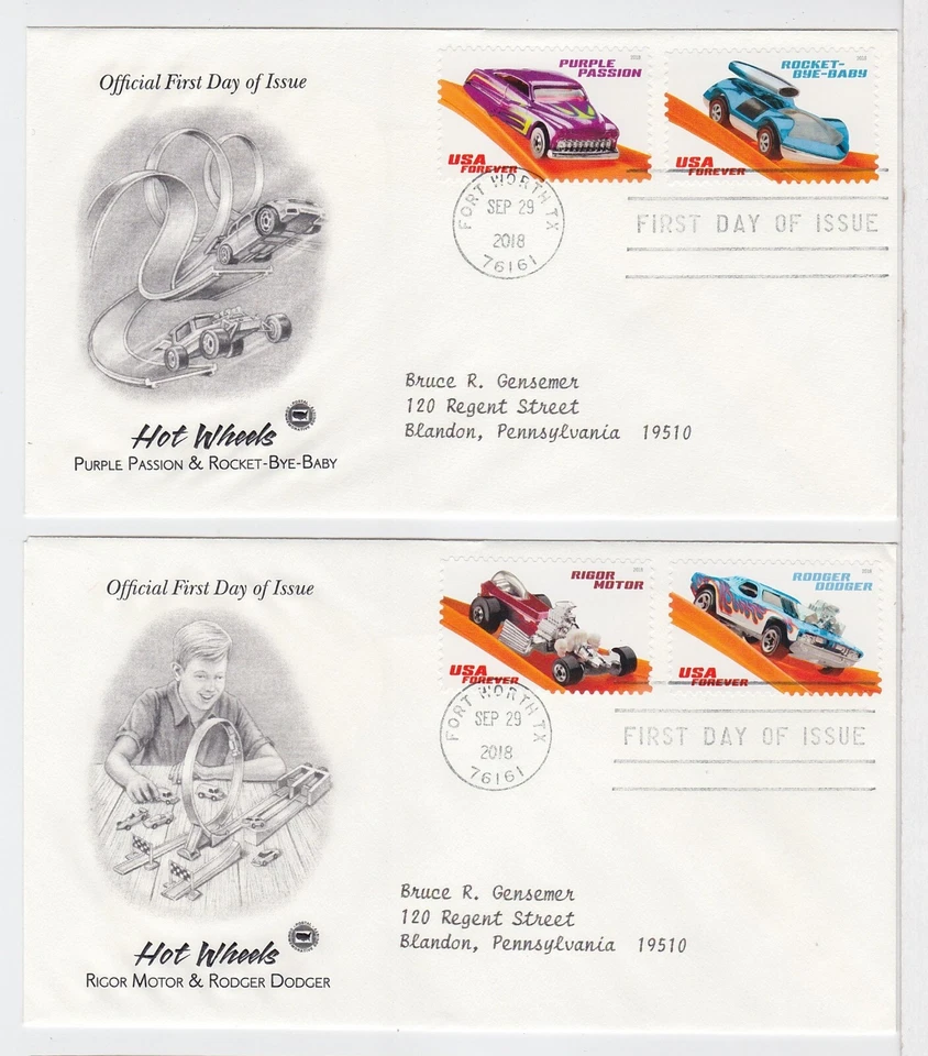 TurtlesTradingPost- Hot Wheels Cars 2018 FDC #5321-30 Artcraft Variety Set of 5 - Image 2 of 4