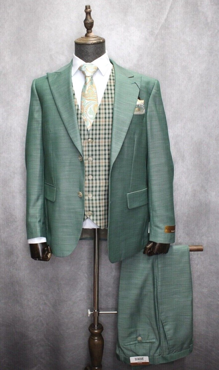 Men's Steve Harvey Green Textured Modern Fit 3PC Formal Suit | eBay