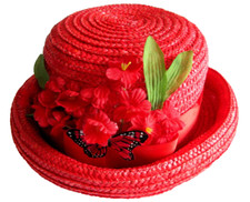 VTG Ladies Red Straw Derby Style Hat Faux Flowers Butterfly Ribbon Rolled Brim