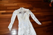Vintage 80s Wedding Dress Size 10 White Gown Long Train Beaded Long Sleeve