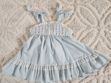 Vintage Polly Flinders Hand Smocked Blue Sundress Eyelet Lace Trim 24 M