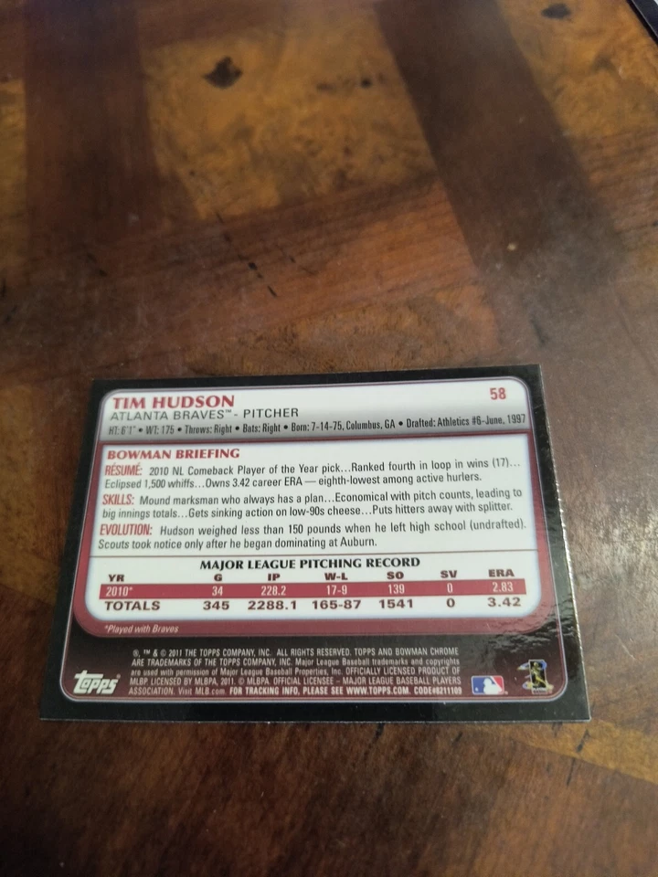 TIM HUDSON 2011 BOWMAN CHROME #58 FREE SHIPPING - Image 2 of 2