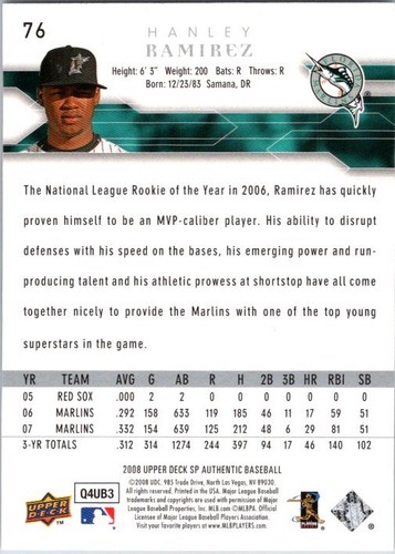 2008 SP Authentic #76 Hanley Ramirez - Picture 2 of 2