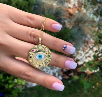 EVIL EYE TURKISH STERLING SILVER 925 YELLOW GOLD NECKLACE MOTHER OF PEARL
