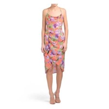NWT Alice + Olivia Floral Palm Coral Midi Dress Orange Purple $330 6 Rena Drape