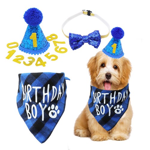 Pet Dog Puppy Birthday Fancy Bandana Hat Bow Tie Party Supplies Cute Set US - Picture 5 of 21