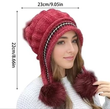 Womens Chunky Knit Trapper Bobble Hat Faux Fur Ear Flaps Ski Cap