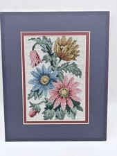 Vintage Finished Matted Decorator Needlepoint Canvas Floral Flower Design