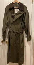 London Fog Mens Trench Raincoat 42L Green Zip-Out Liner Leather Collar Vintage