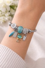Chic Wild Cat Charm Bracelet  Stainless Steel  Light Blue Accents