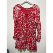 FREE PEOPLE Red Floral Lucky Loosy Mini Dress Drawstring Size Small
