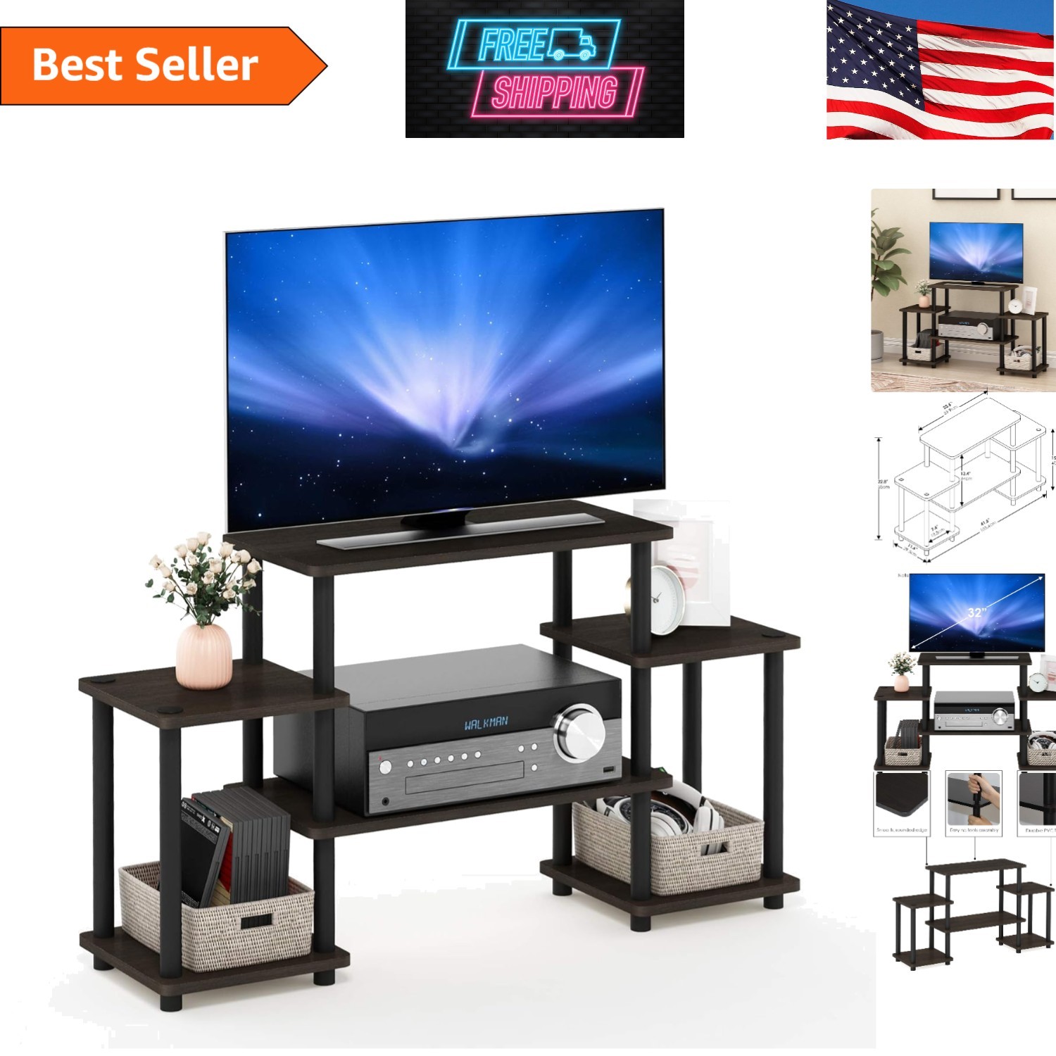 Compact Multi-Tiered Entertainment Center &ndash; Assemble in Minutes Without Tools