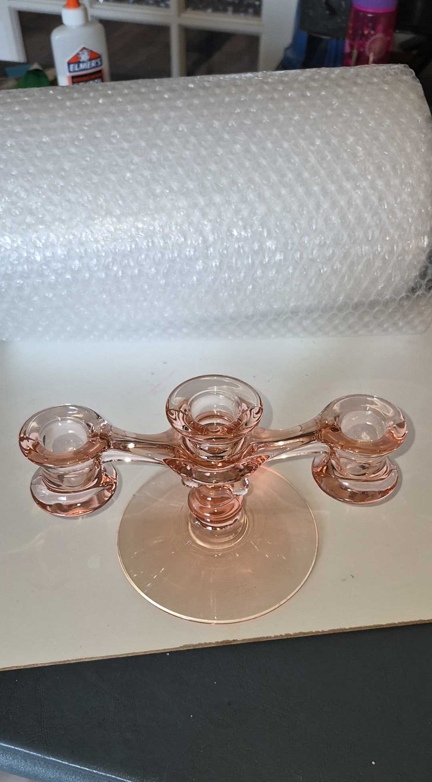 Vintage 1940&rsquo;s Pink Depression Glass 3 Taper Candlestick H