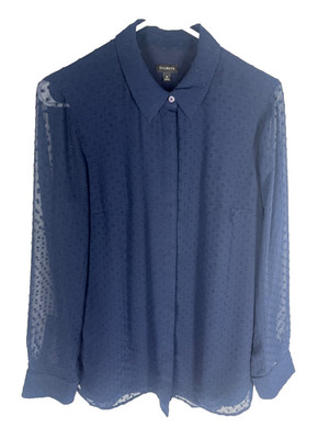TALBOTS Womens Blouse M Blue Top Button Up Swiss Dot Lined Carer Classy Office