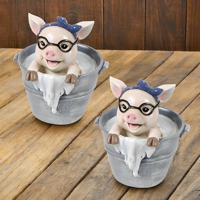 2-PC Gift Set 6.75''H Pig with Glasses Figurine Ornament Home Decor Unique Gift