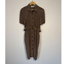 Vintage Talbots Womens 8 Petite Shirt Dress Brown Polka Dot Belted Pockets Midi