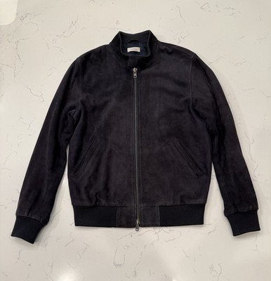 Italic Men's 100% Suede Goatskin Bomber Jacket Size S Blue Fully Lined Full Zip