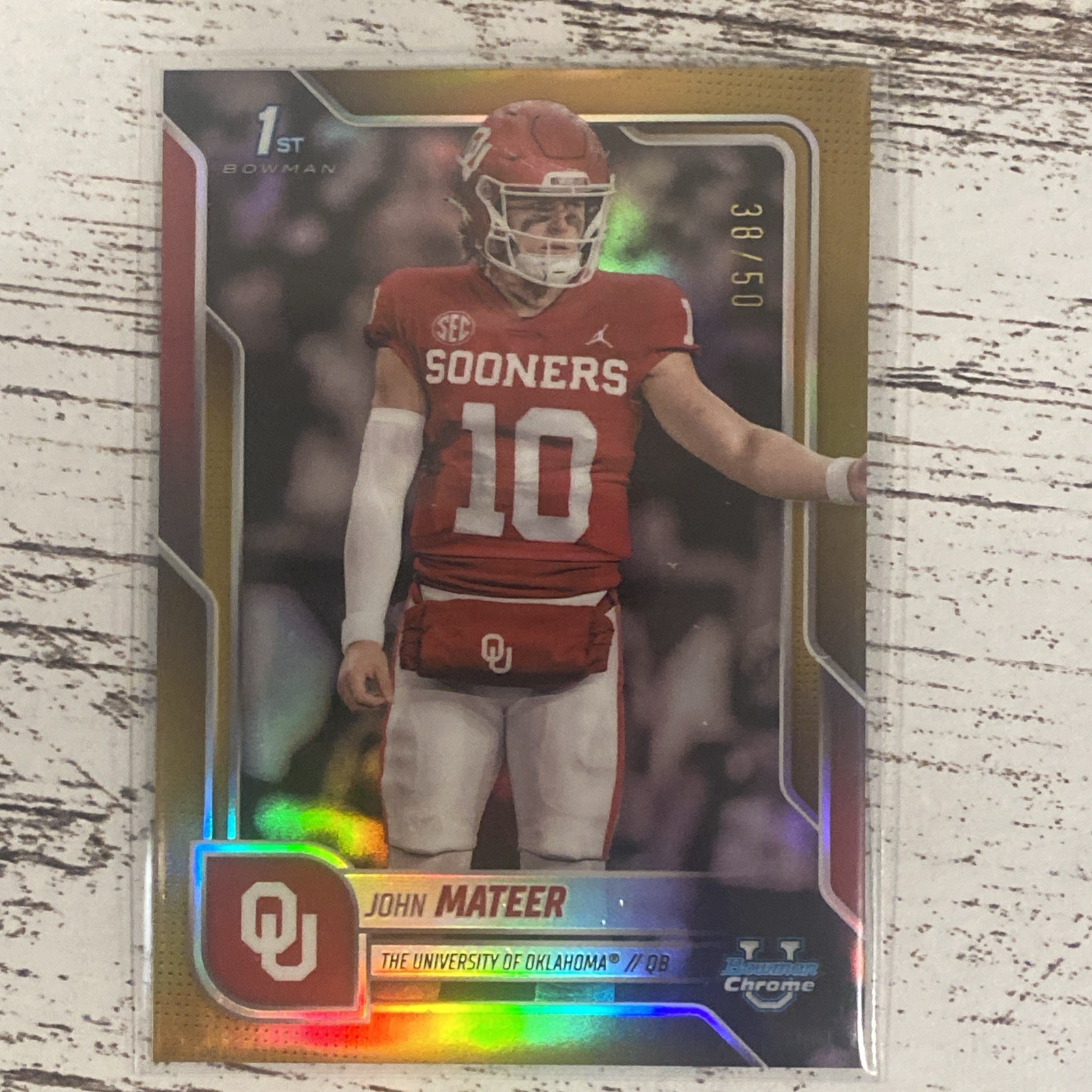John Mateer 1st Gold /50 - 2025 Bowman University Chrome - Oklahoma