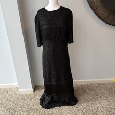Vintage 80s 90s Black Beaded Fringe Flapper Maxi Dress - Evening Gown 3/4 Sleeve
