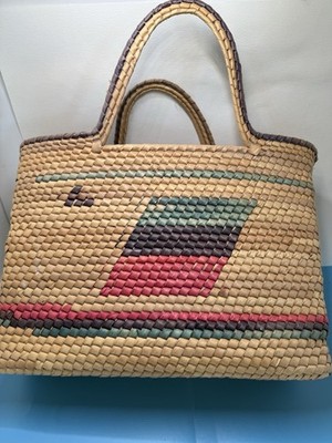Vintage Woven Straw Tote Bag With Geometric Patterns Circa 1970 Base H 10 , W 14