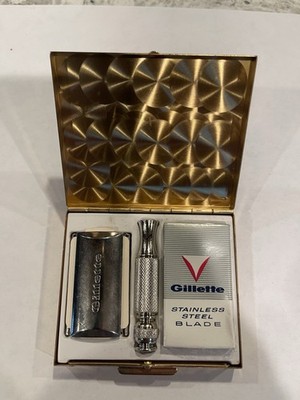 Gillette Travel Safety Razor Set in Gold Tone Case Vintage Double Edge Kit MIB