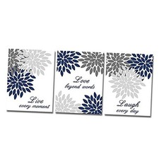 3 Pieces Bathroom Picture Wall Decor Navy Blue Live Love Dahlia Flower Canvas