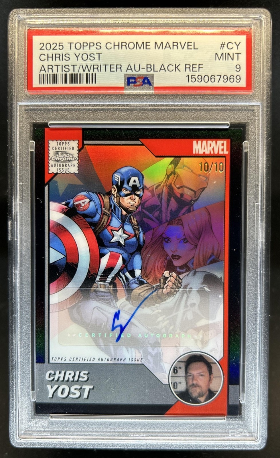 2025 Topps Chrome Marvel Chris Yost Comic Auto Captain America Black #/10 PSA 9