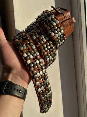 Vintage Brown Studded Leather Belt Heavy Studs Punk Rock Grunge Biker Wide Belt