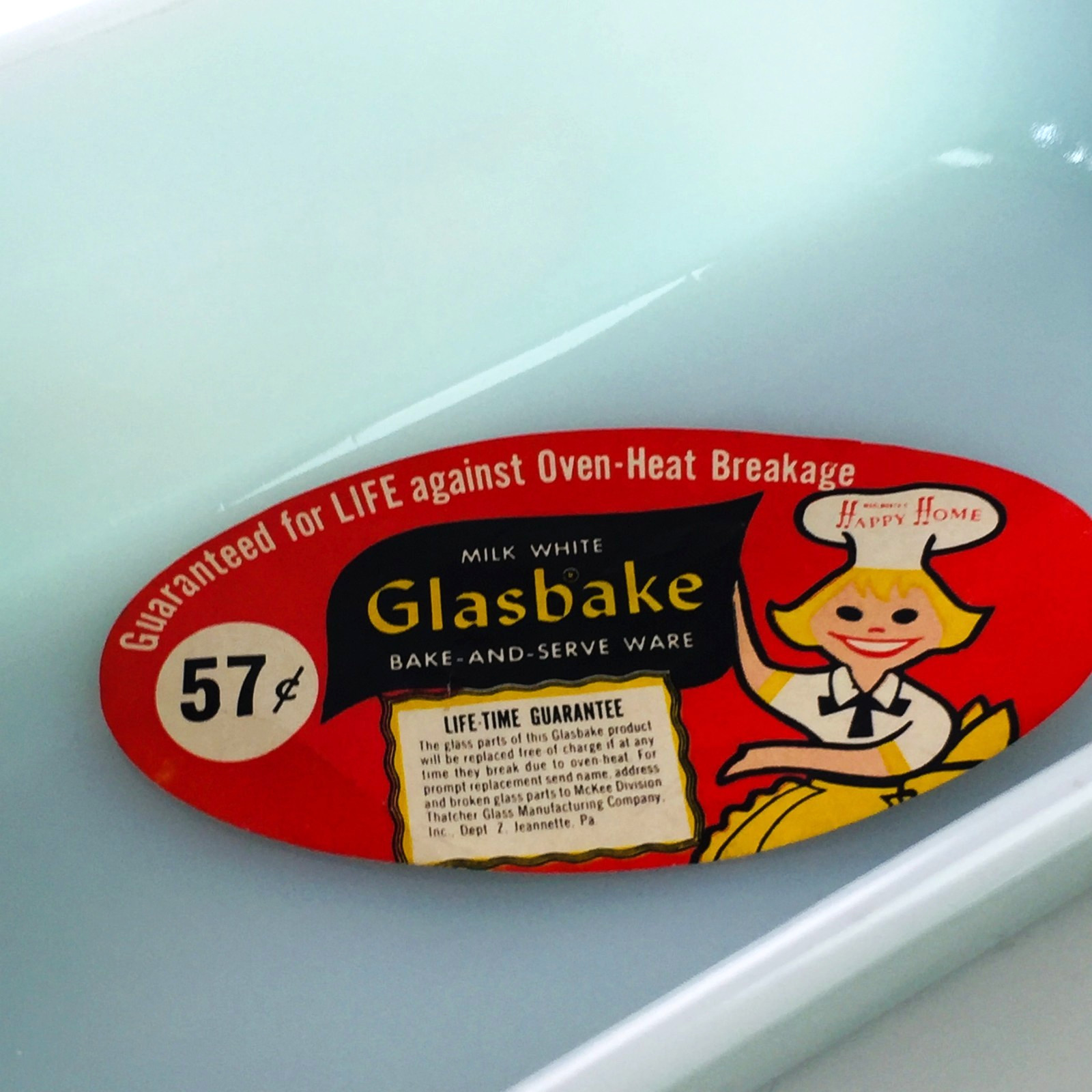 VTG Glasbake Light Blue/Milk White Baking Dish J-522 w/Woolworth Happy Home Tag