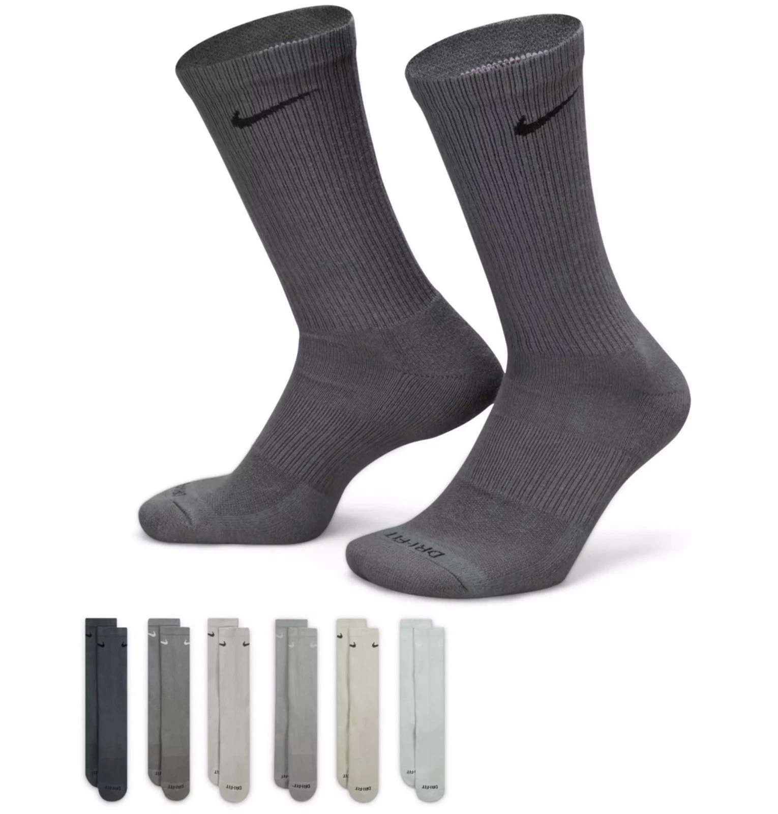 Nike Everyday Plus Dri-FIT Crew Socks Iron Grey Photon 6 Pairs Size Large 8-12