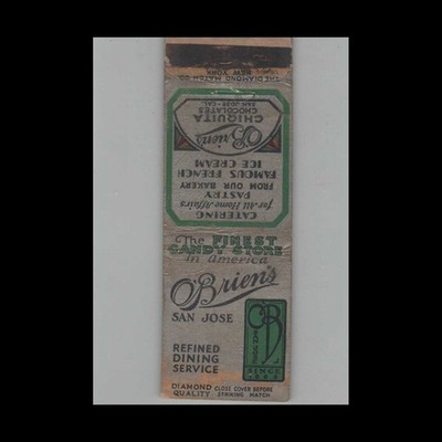 Matchbook Cover 1930s Diamond Quality O'Brien's Restaurant San Jose CA