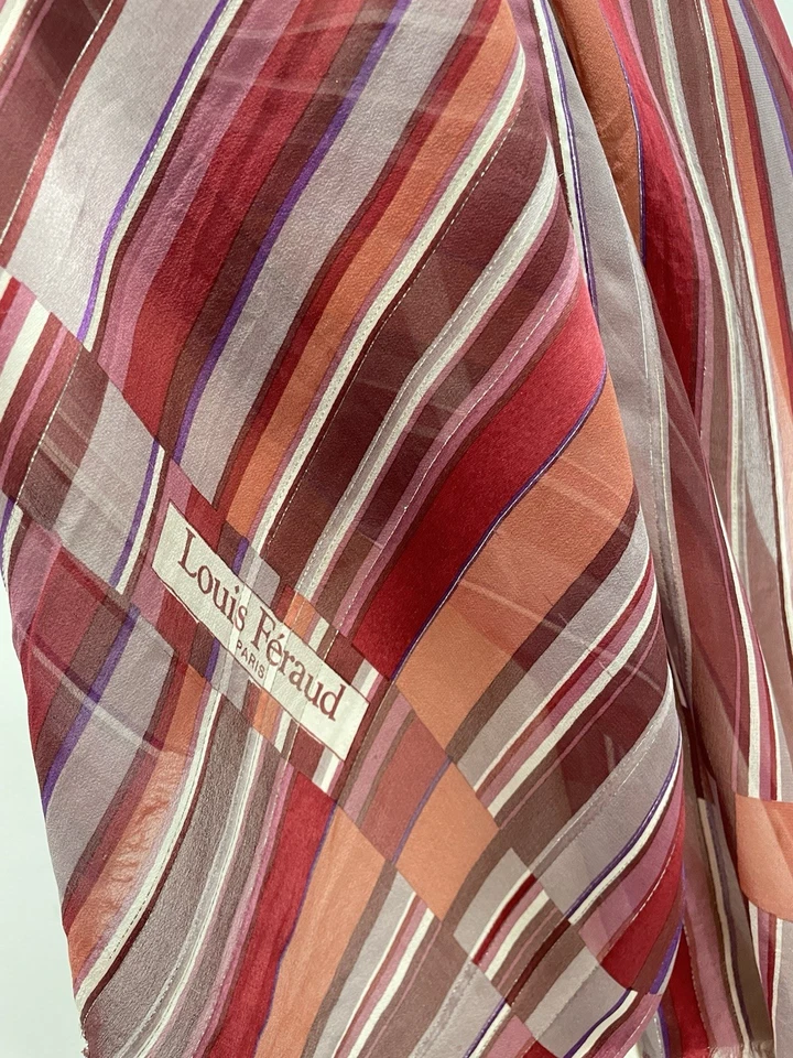 H5# Louis Féraud Paris 条纹丝绸围巾红色粉红色紫色透明优雅 — 第 2/4 张图片