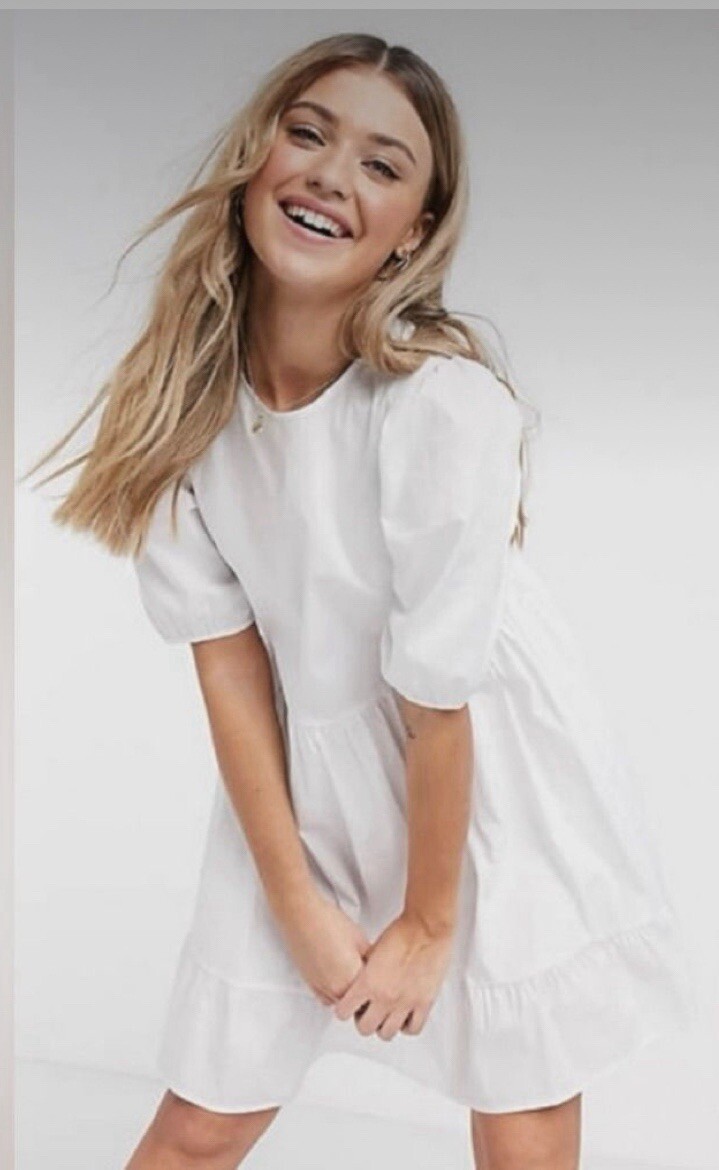English Factory White Knit Combo Dress Womens M Puff Sleeve High Low Flare English Factory White Knit Combo Dress Womens M Puff Sleeve High Low Flare
