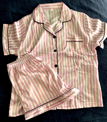 NEW/NWT Pink & White Striped Satin Pajamas Shorts/Top Set L/M