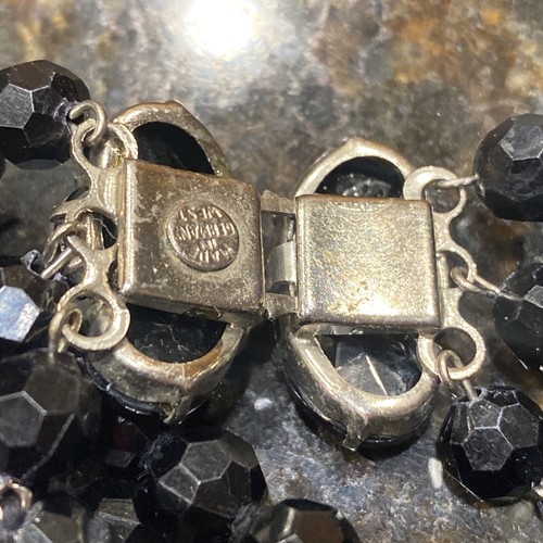 Vintage W GERMANY 3 Strand Faceted Cut Black Jet Glass Beaded Necklace Butterfly - Picture 3 of 12